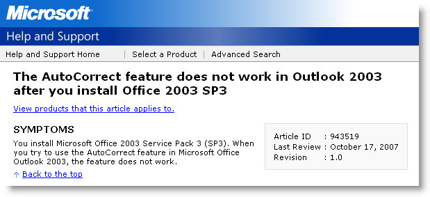 Auto Correct Problem 2003 Outlook